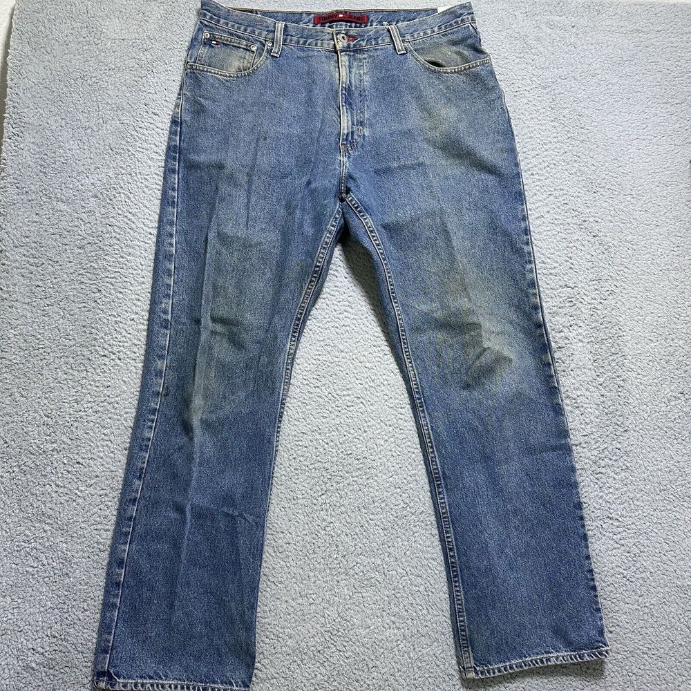 Tommy Hilfiger Jeans‎ Mens 36x32 Blue Denim Straight Baggy Y2K Thrashed Grunge
